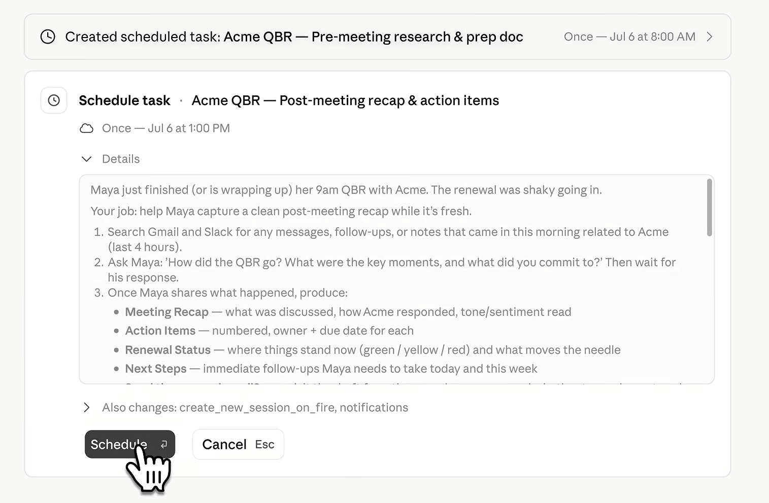 ChatGPT Workが会議の前後に実行する定期タスクを登録している画面