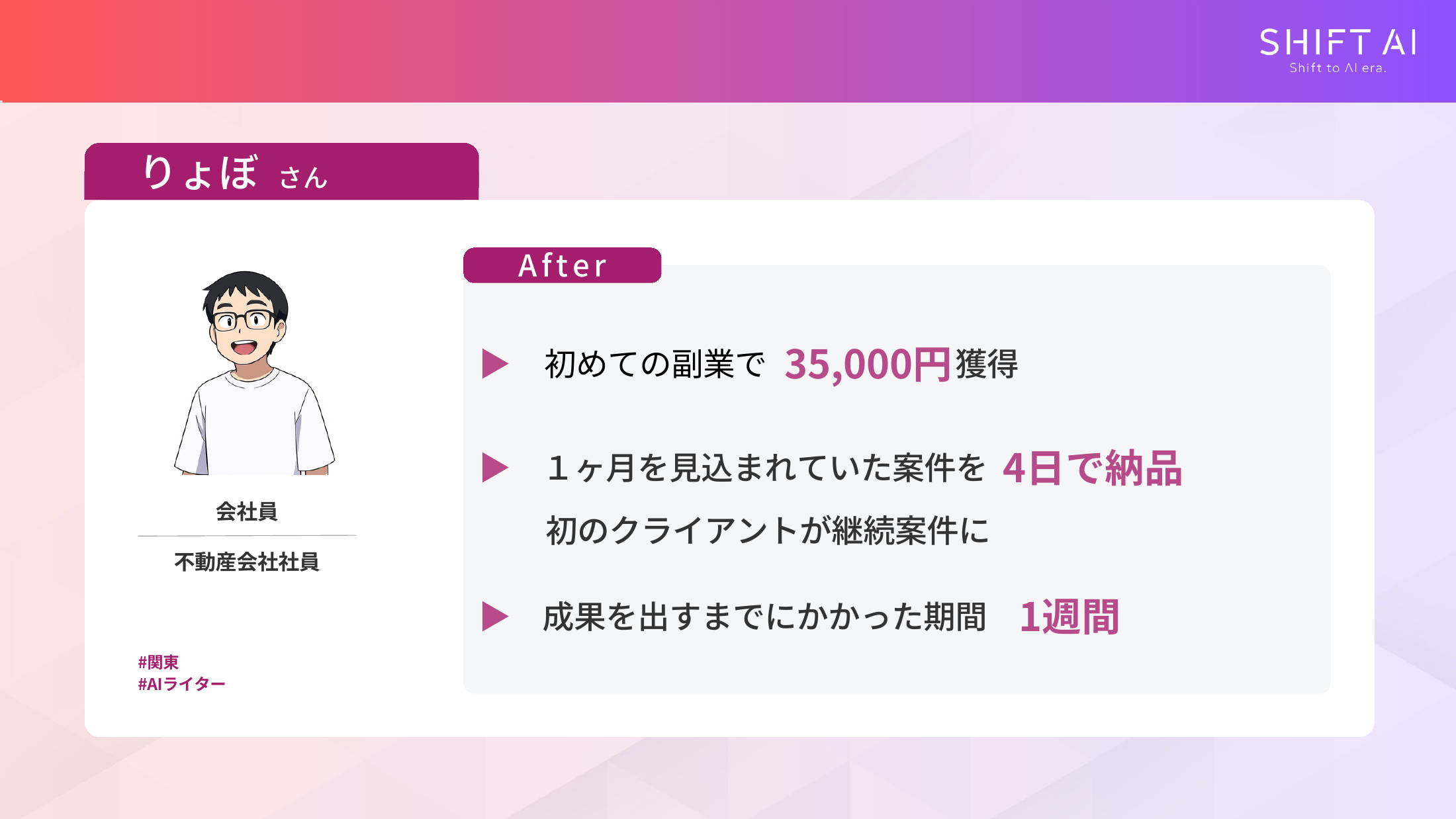 文系の会社員だったりょぼさんがAI副業を始めて1週間で3.5万円を得た実績スライド