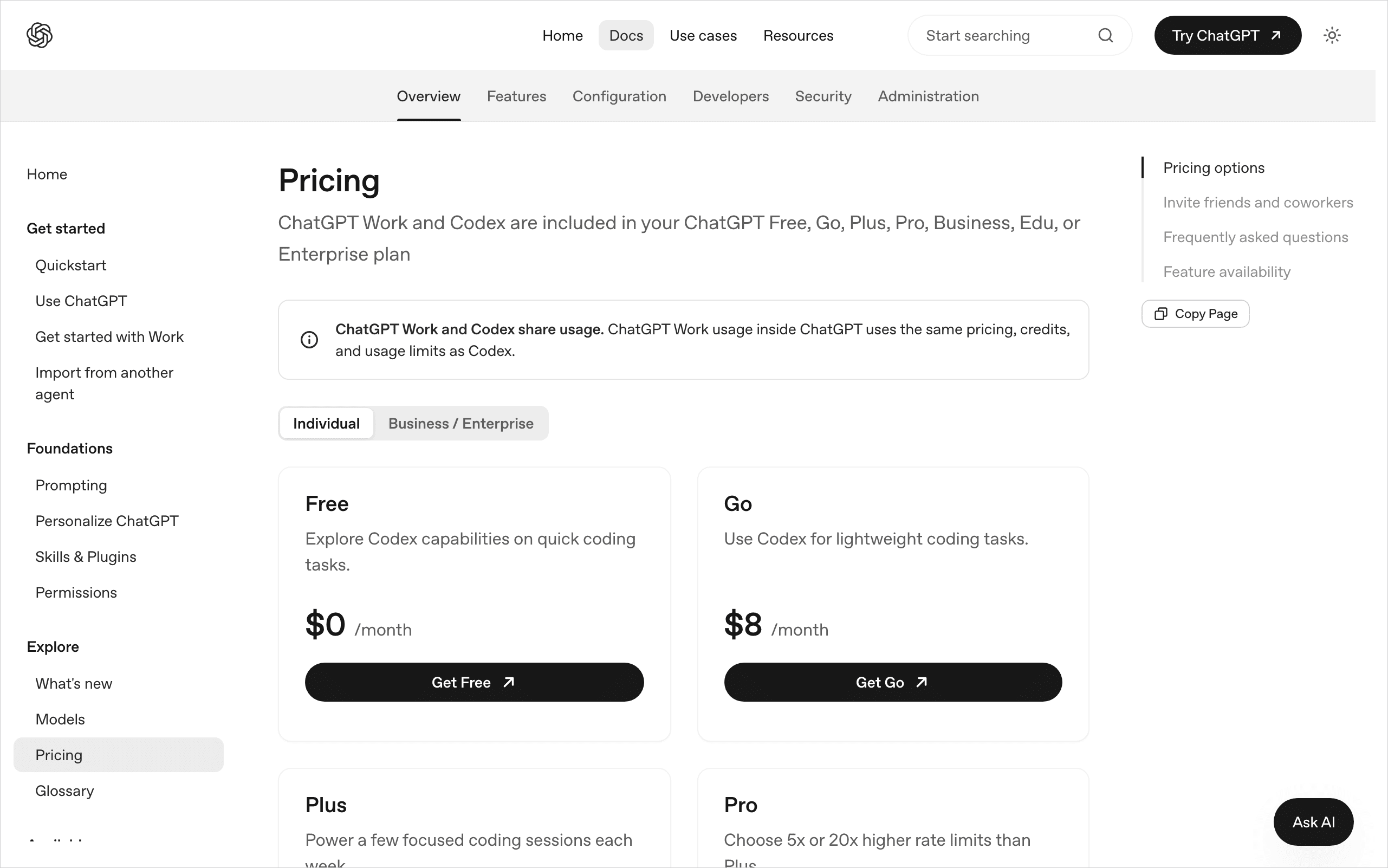 OpenAI公式ドキュメントのCodex料金ページ。Free・Go・Plus・Proの各プランと月額が並ぶ画面