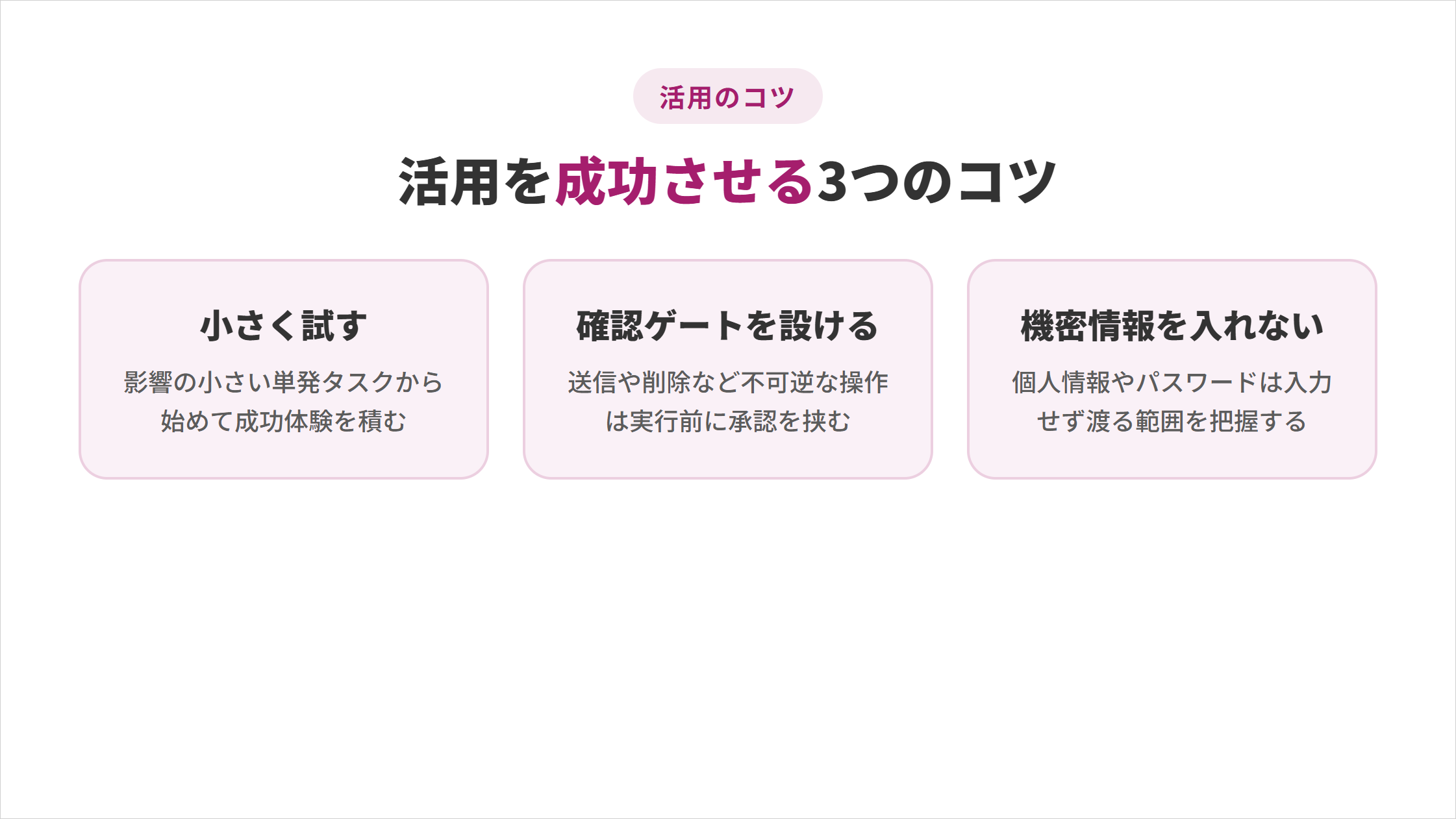 小さなタスクから試す・重要な操作に確認ゲートを設ける・機密情報を入力しないというGemini Spark活用を成功させる3つのコツをまとめた図解
