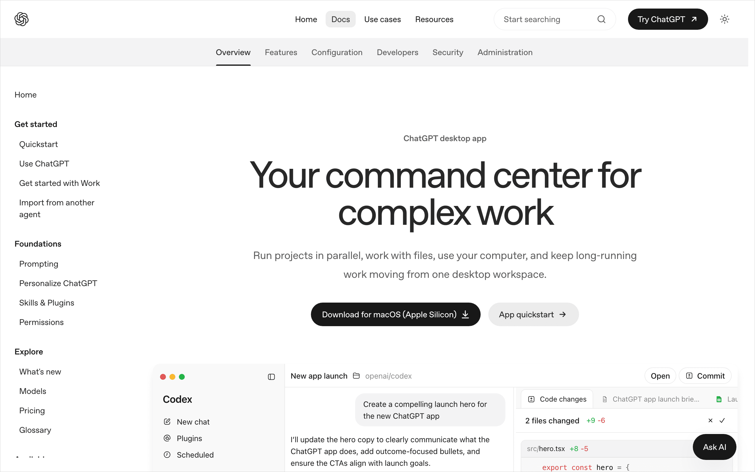 OpenAI公式ドキュメントのページ。CodexをChatGPTアプリ・CLI・IDE拡張・cloudのどこで使えるかの一覧が並ぶ画面