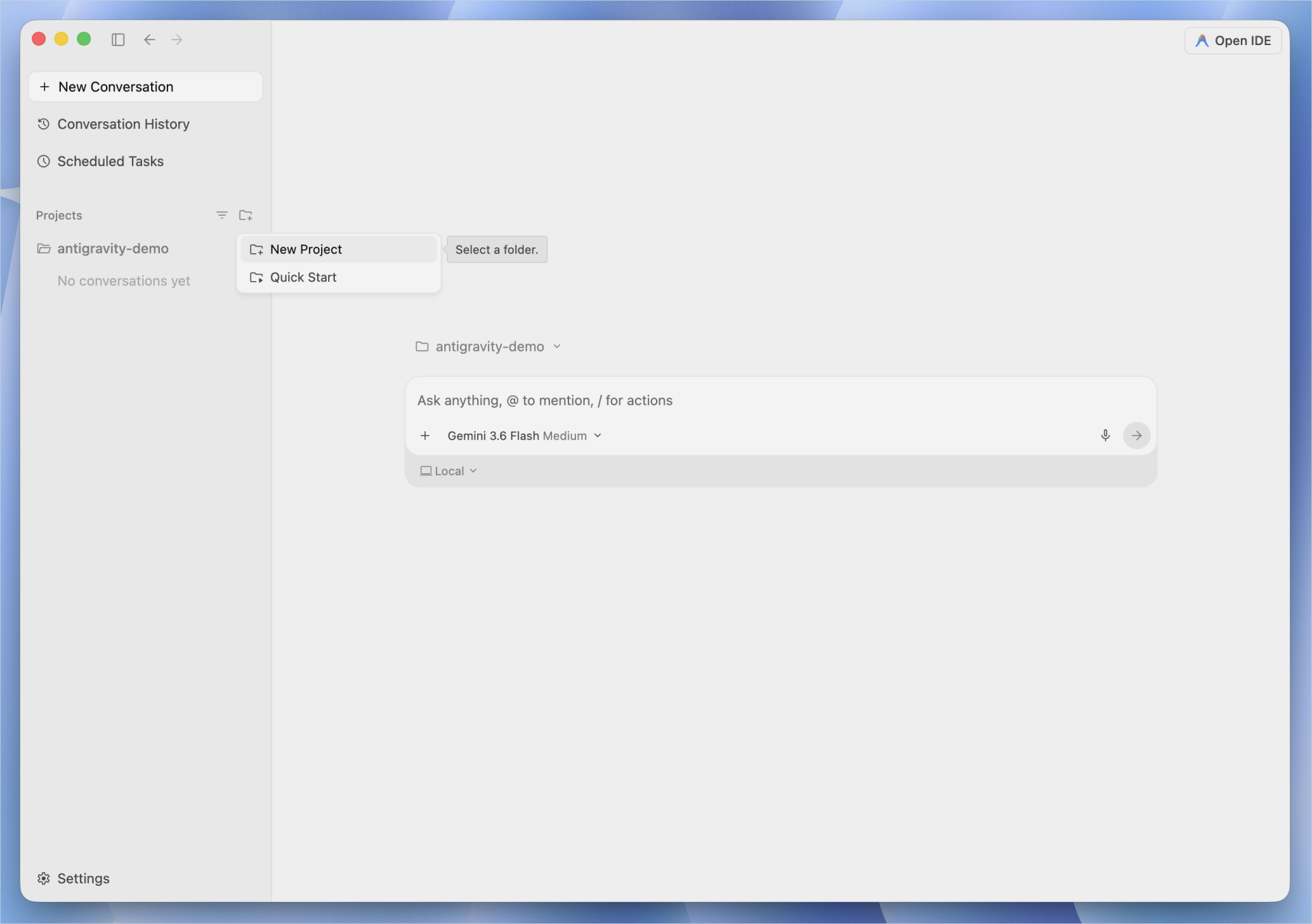 Google AntigravityのProjectsでNew Projectを選び、渡すフォルダを指定する