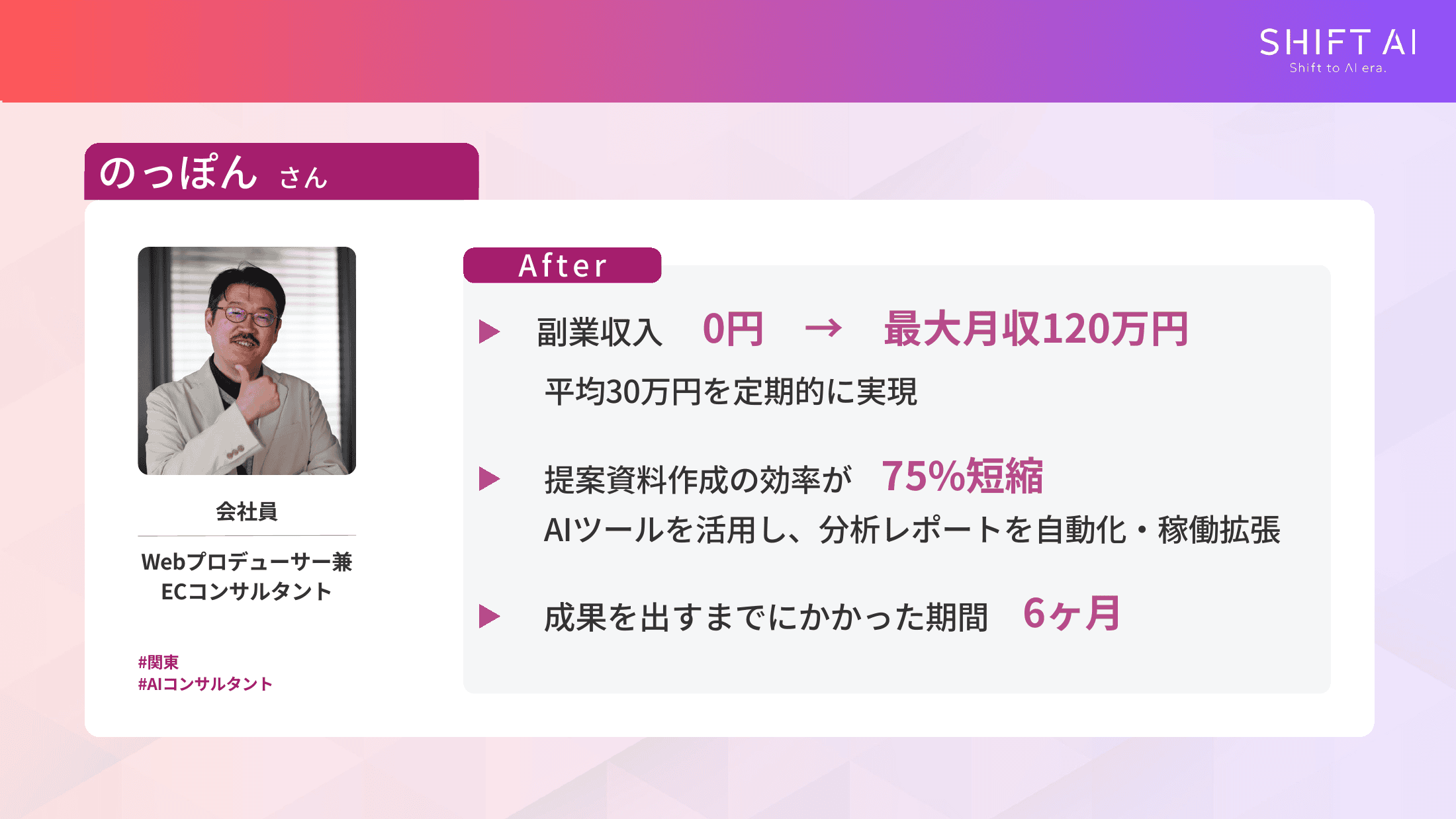 SHIFT AI受講生のっぽんさんの実績(会社員・副業収入ゼロから6ヶ月で最大月収120万円、平均30万円を定期化)