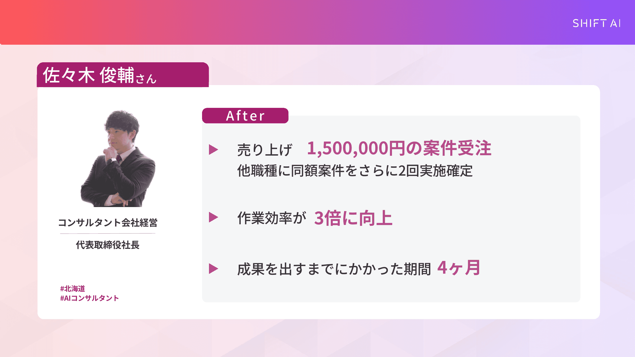 SHIFT AI受講生佐々木俊輔さんの実績(コンサル会社経営・入会4ヶ月で150万円の案件を受注)