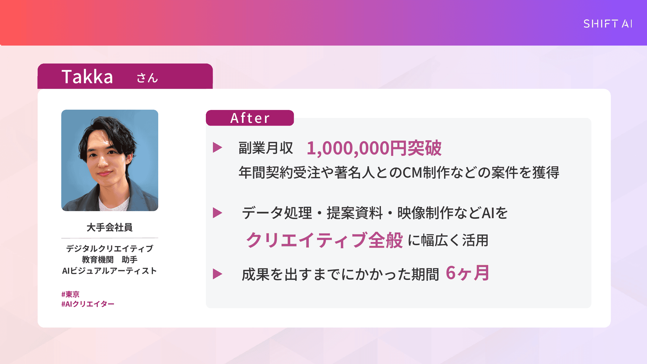 SHIFT AI受講生Takkaさんの実績(大手会社員から6ヶ月で副業月収100万円を突破、年間契約やCM制作を受注)