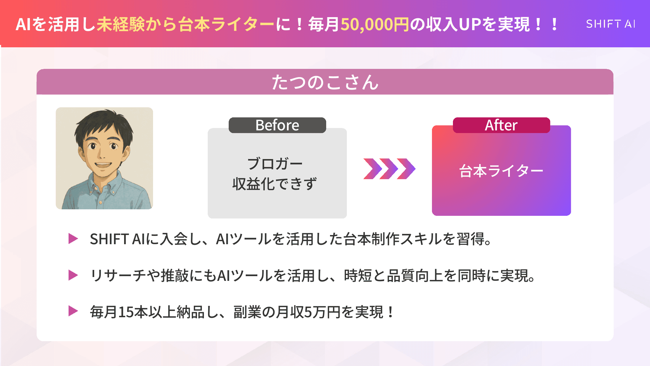 SHIFT AI受講生たつのこさんの実績(ブロガーから台本ライターへ転身し、毎月15本以上納品して副業月収5万円)