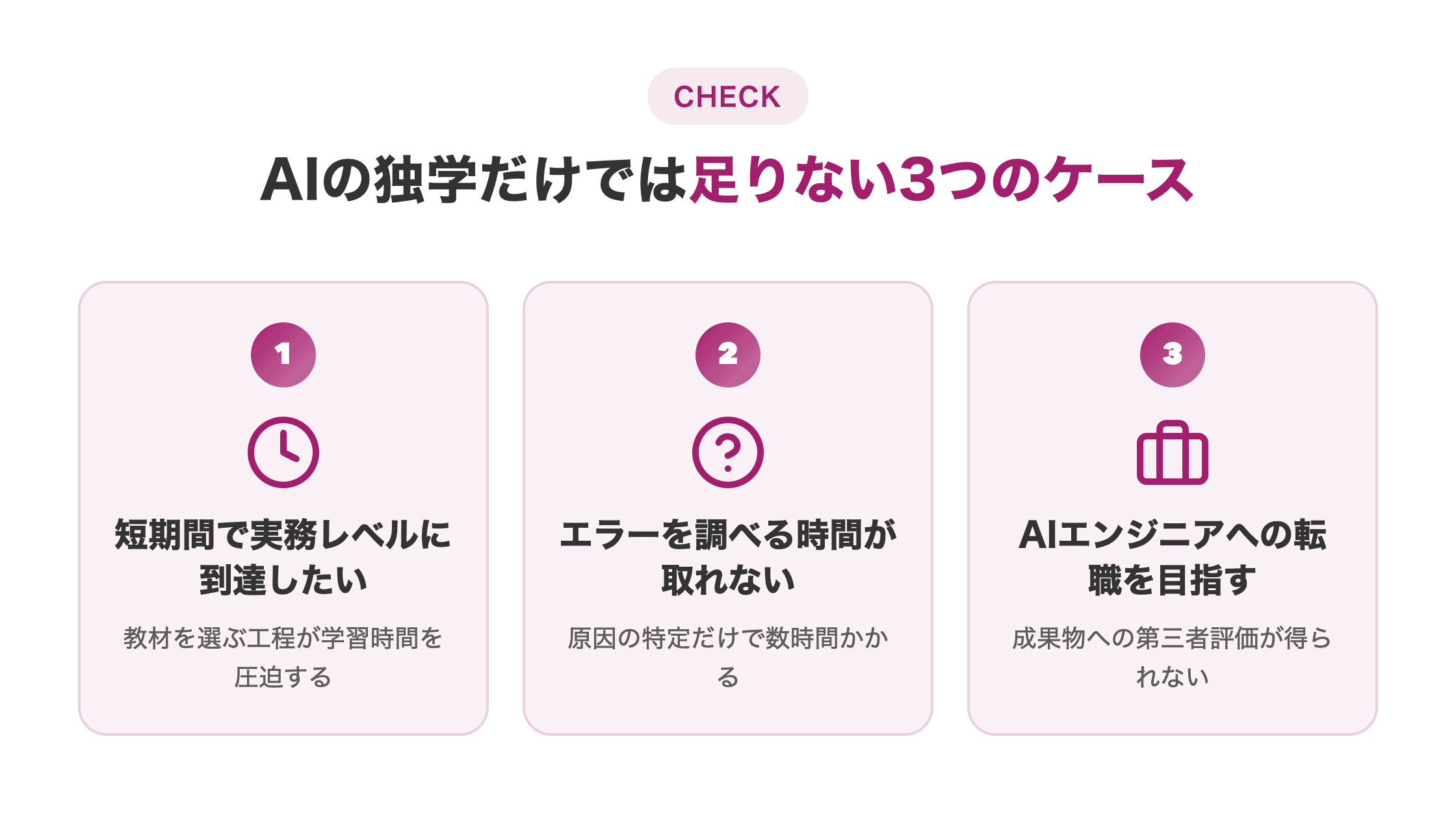 図解。独学だけでは足りない3つのケース(短期到達・調べる時間・転職)を横並びカードで示す