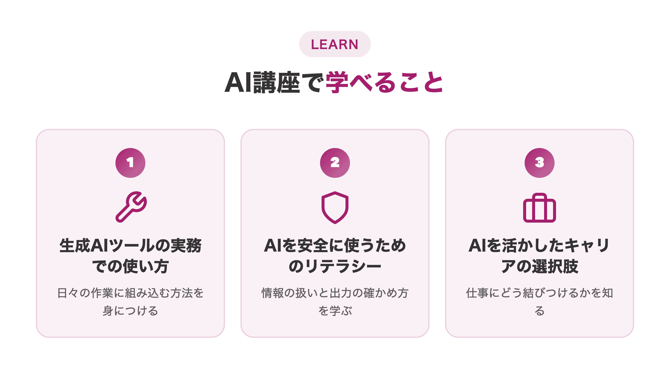 AI講座で学べること。生成AIツールの実務での使い方、安全に使うためのリテラシー、AIを活かしたキャリアの選択肢