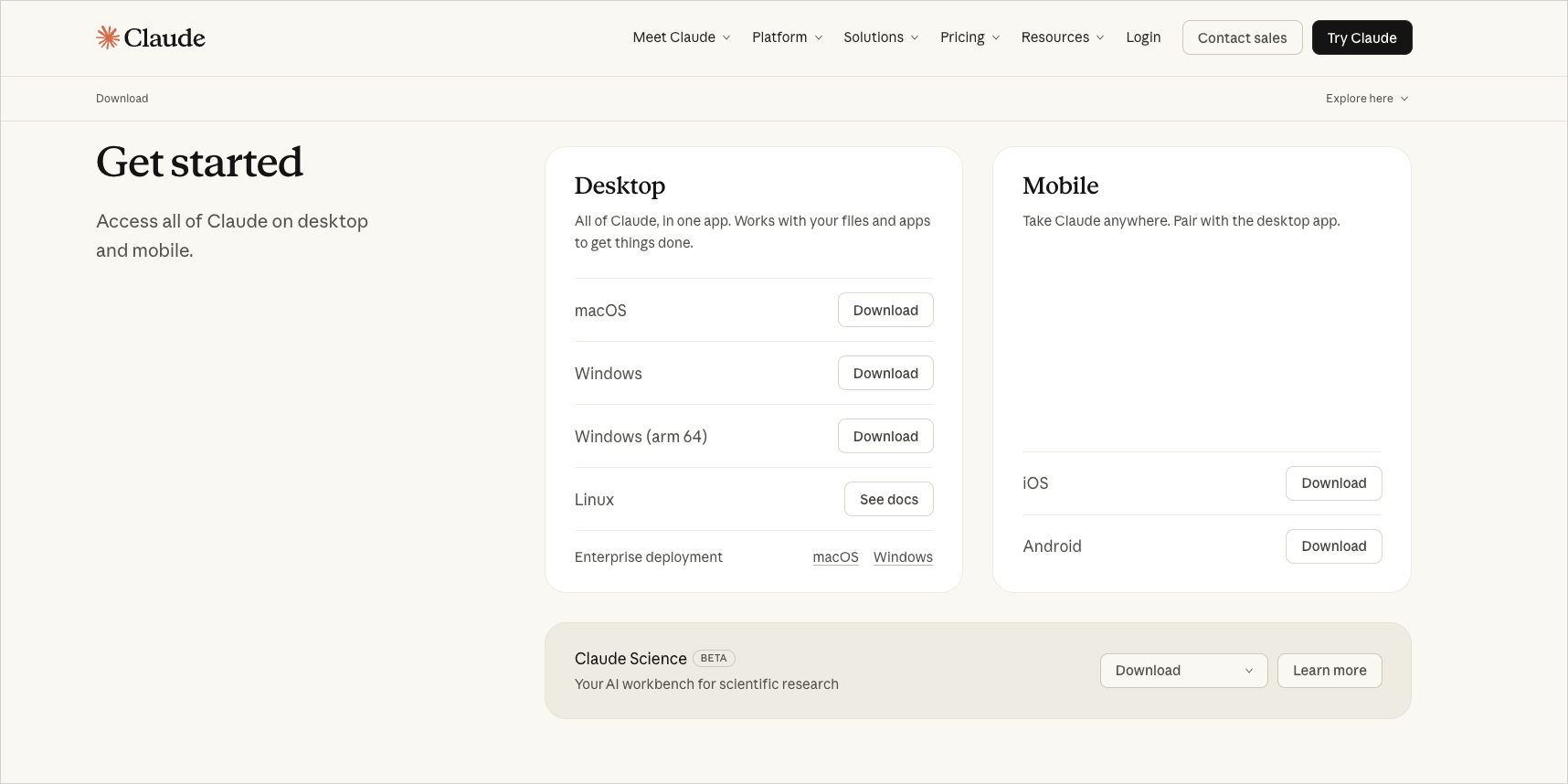 Claude公式サイトのデスクトップアプリのダウンロードページで、OS別のダウンロードボタンが並ぶ画面