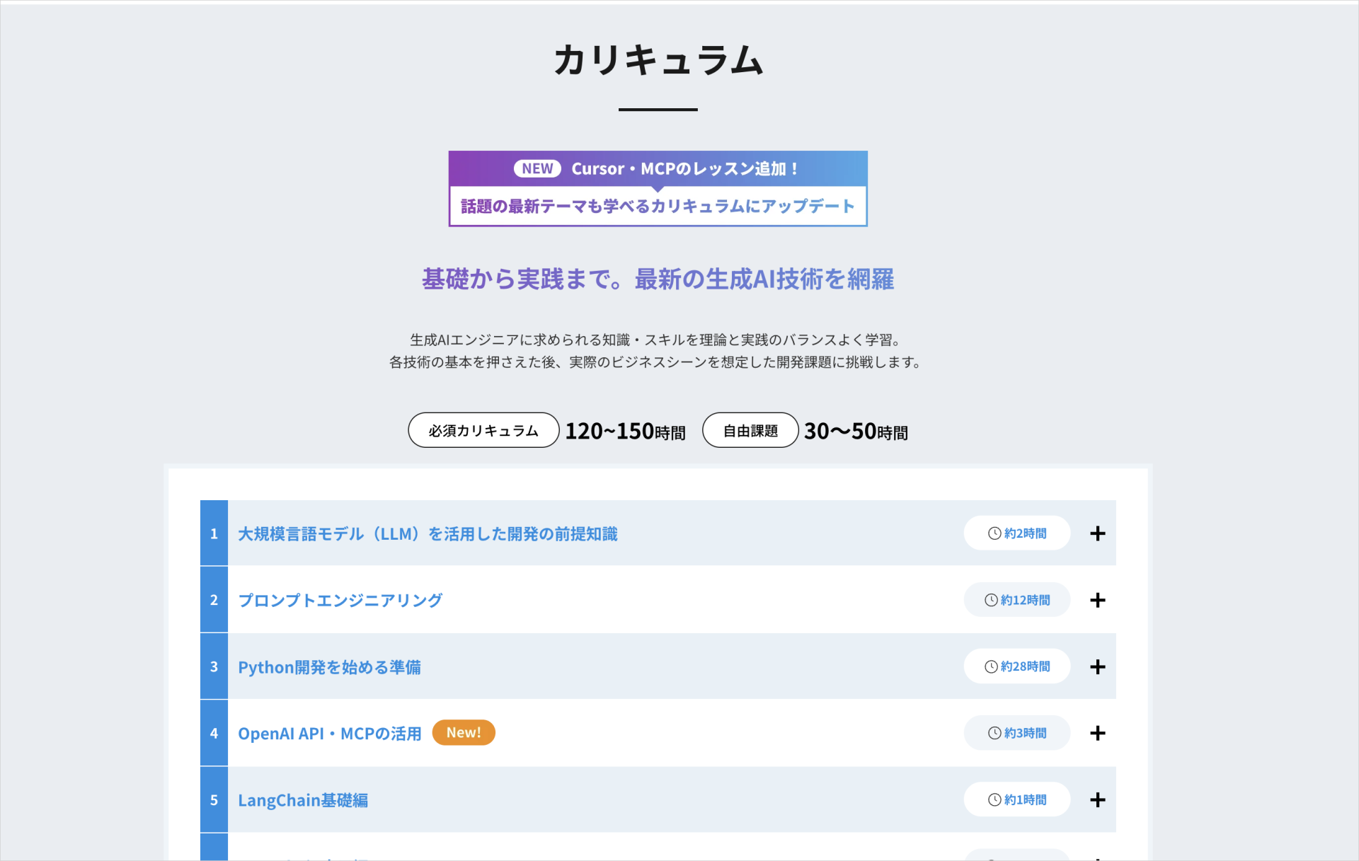 DMM生成AI CAMPのPython・OpenAI API・MCPなどの学習項目と時間を示すカリキュラム