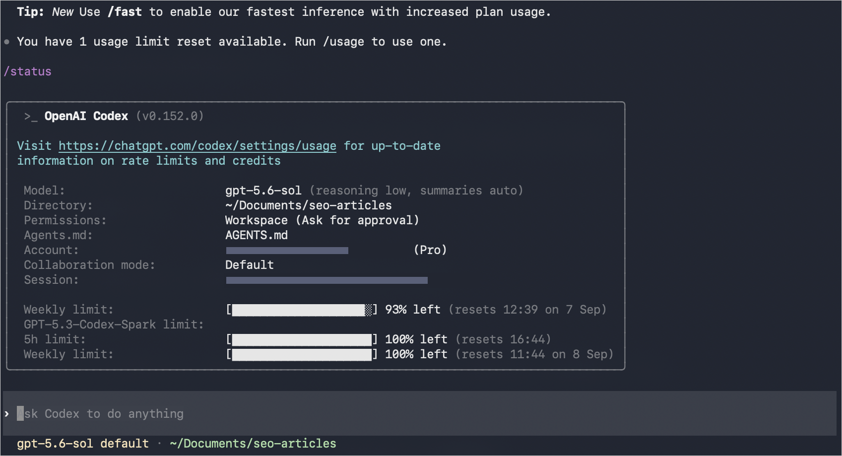 Codexで/statusコマンドを実行し、Model・Directory・Permissions・Agents.mdと利用上限の残量が表示された画面