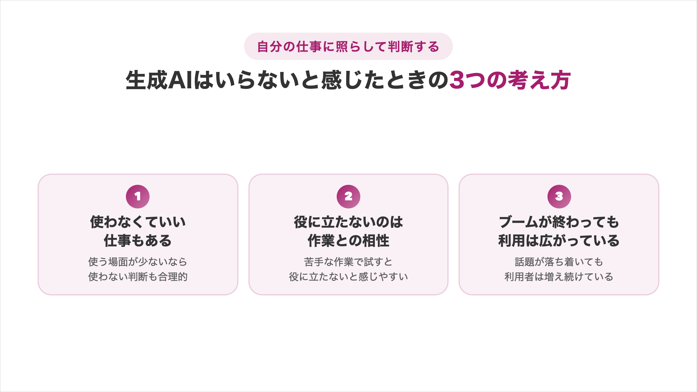 生成AIはいらないと感じたときの3つの考え方の図解。①使わなくていい仕事もある（使う場面が少ないなら使わない判断も合理的）②役に立たないのは作業との相性（苦手な作業で試すと役に立たないと感じやすい）③ブームが終わっても利用は広がっている（話題が落ち着いても利用者は増え続けている）