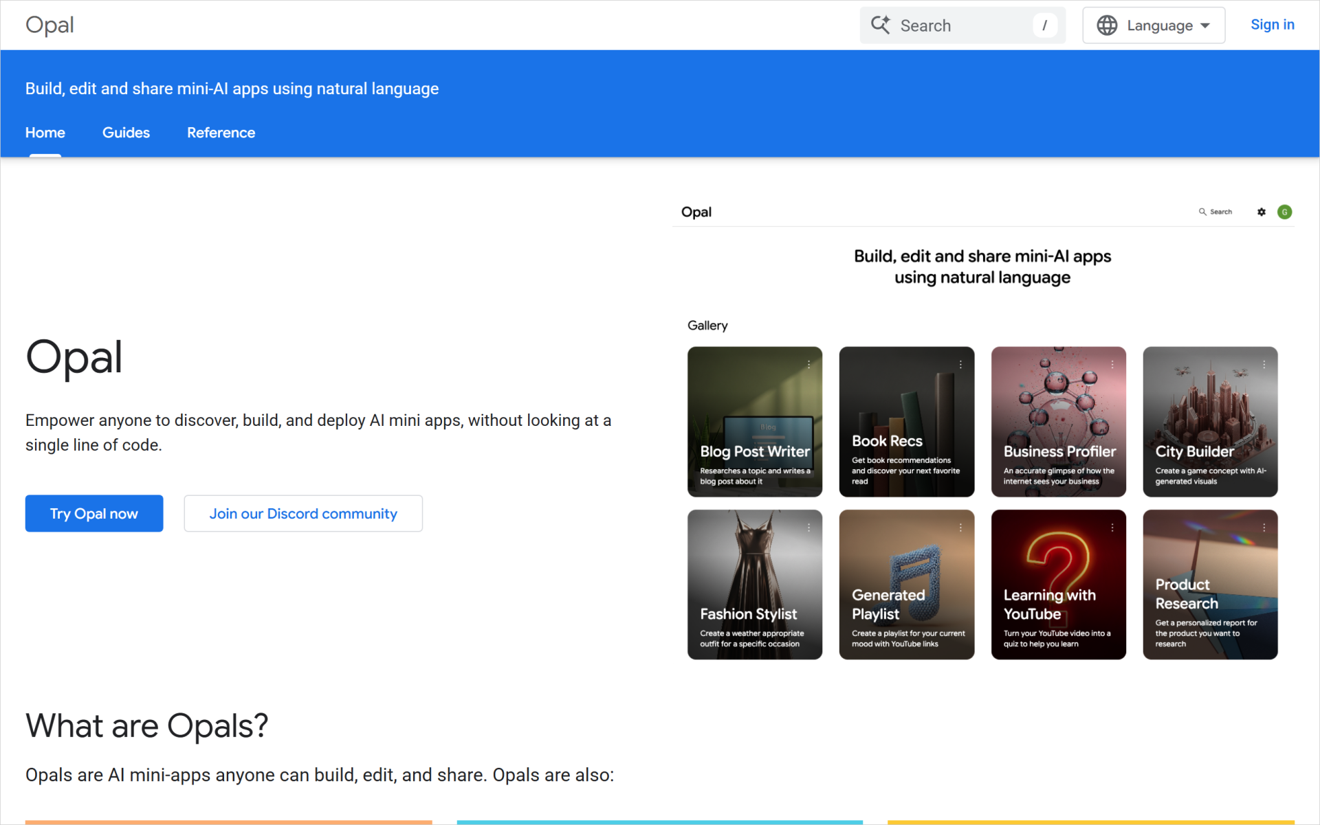 Google Opalの公式ページ。英語表記でAIミニアプリを作るギャラリーと「Try Opal now」ボタンが並ぶ画面