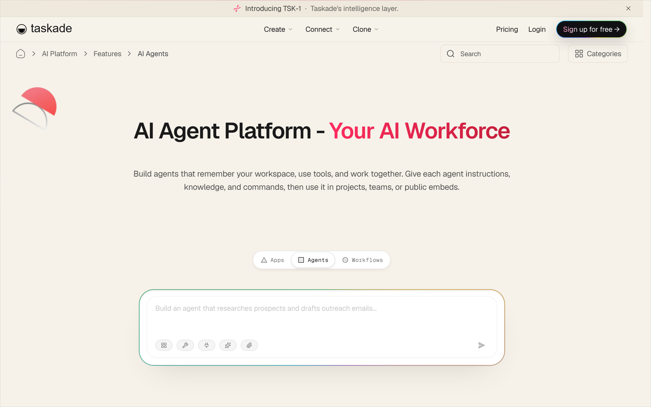 TaskadeのAIエージェント紹介ページ。英語表記で「AI Agent Platform」の見出しとエージェント作成の入力欄が表示された画面