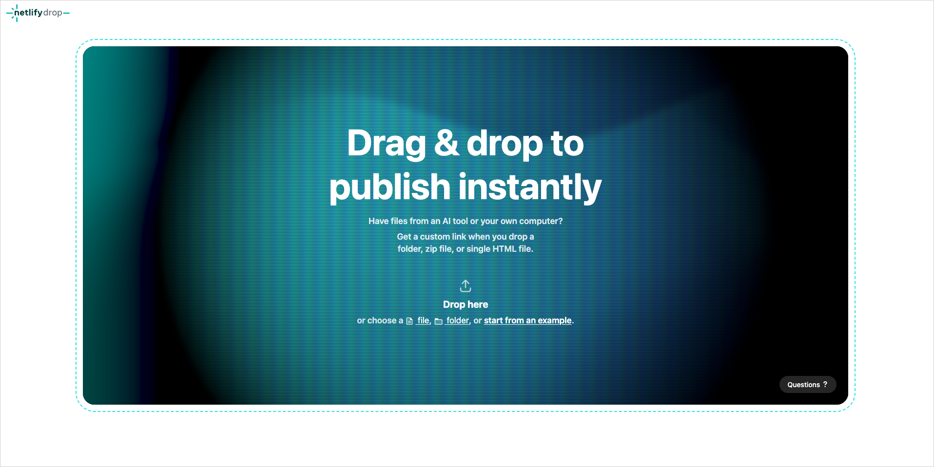 Netlifyの管理画面で、フォルダをドラッグ&ドロップで受け付ける「Drop here」のアップロード欄