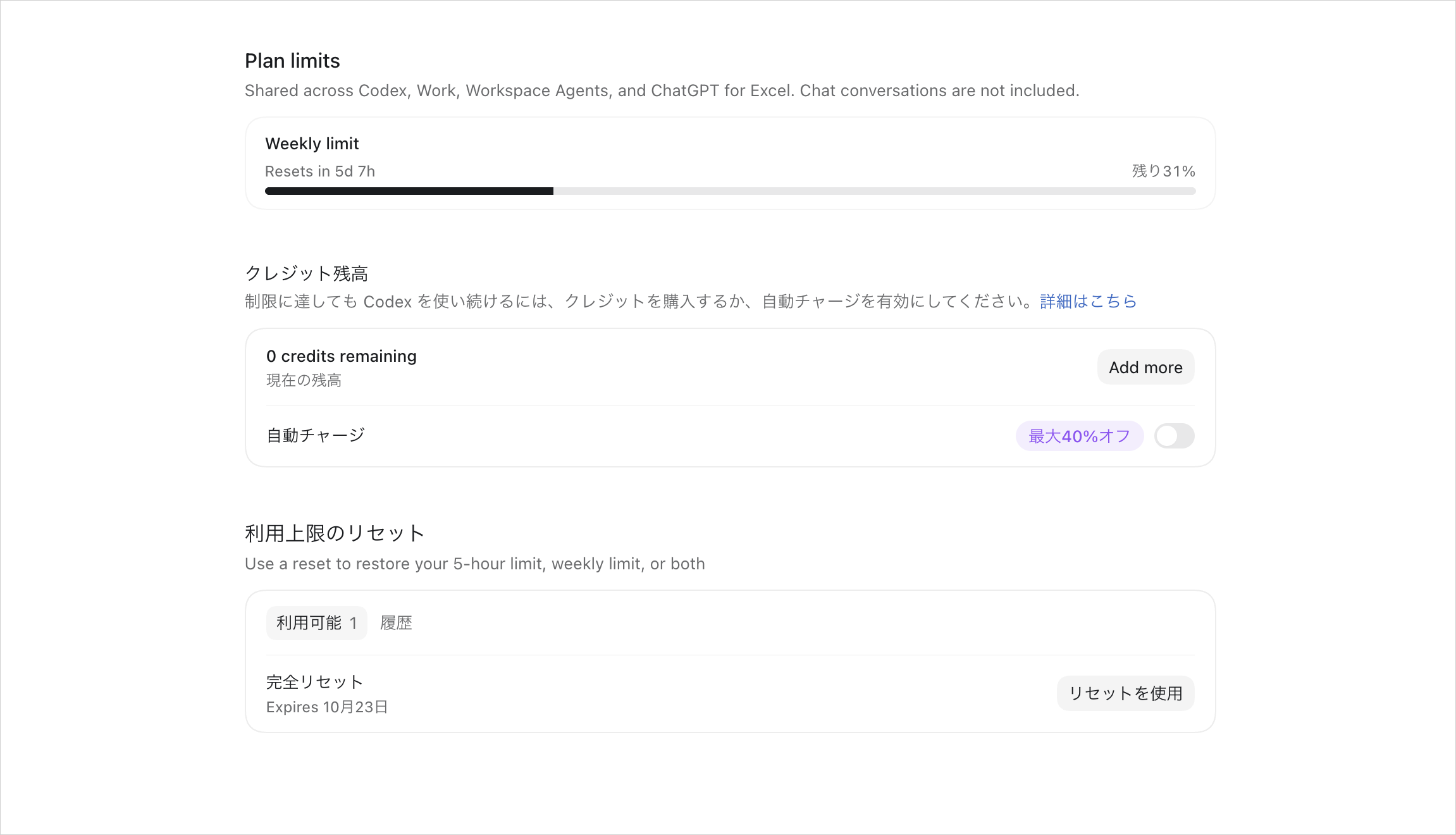 週間上限の残り31％とリセットまで5日7時間、クレジット残高、利用上限のリセット欄が並ぶ使用量画面