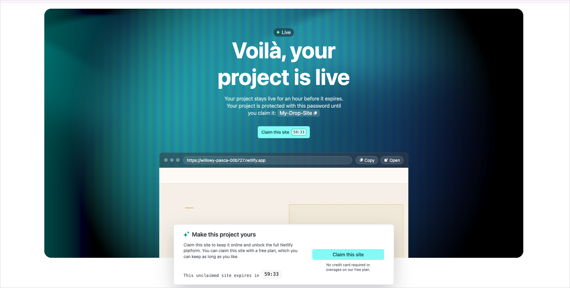 Netlifyでの公開が完了し、発行されたURLと「Claim this site」のボタンが表示された画面