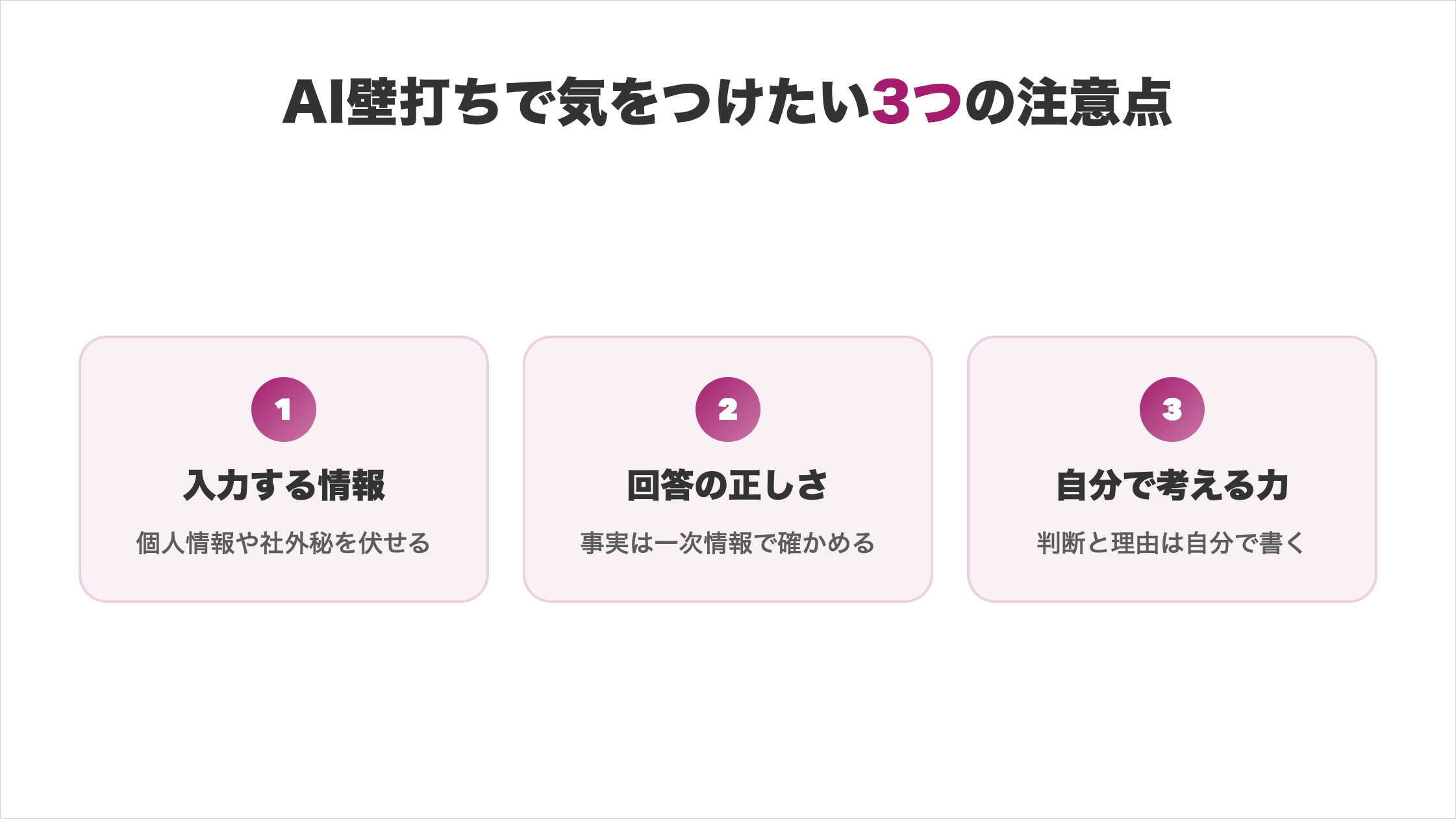 AI壁打ちで気をつけたい3つの注意点の図解。1.入力する情報（個人情報や社外秘を伏せる）、2.回答の正しさ（事実は一次情報で確かめる）、3.自分で考える力（判断と理由は自分で書く）