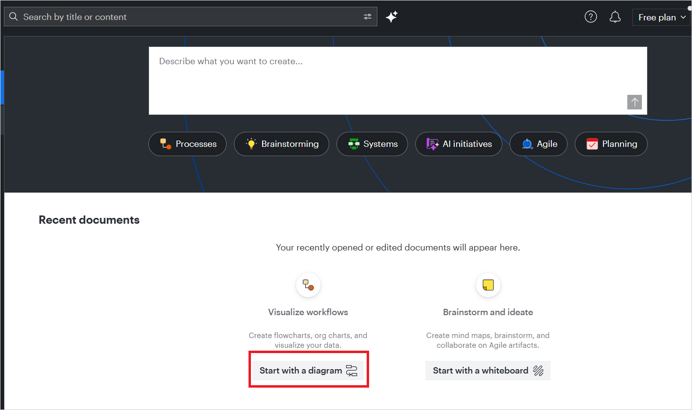 Lucidchartのホーム画面で、図を新しく作る「Start with a diagram」ボタンの位置