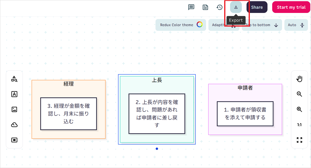 Mermaid Live Editorの画面右上にあるダウンロードアイコン「Export」の位置