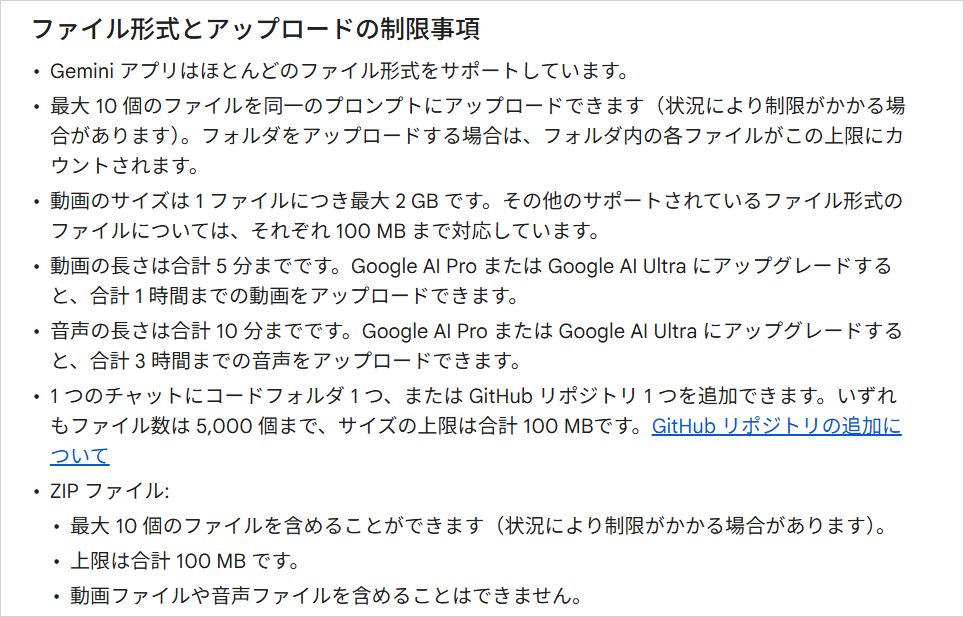Gemini公式ヘルプの「ファイル形式とアップロードの制限事項」で、動画のサイズと長さの上限が書かれた部分