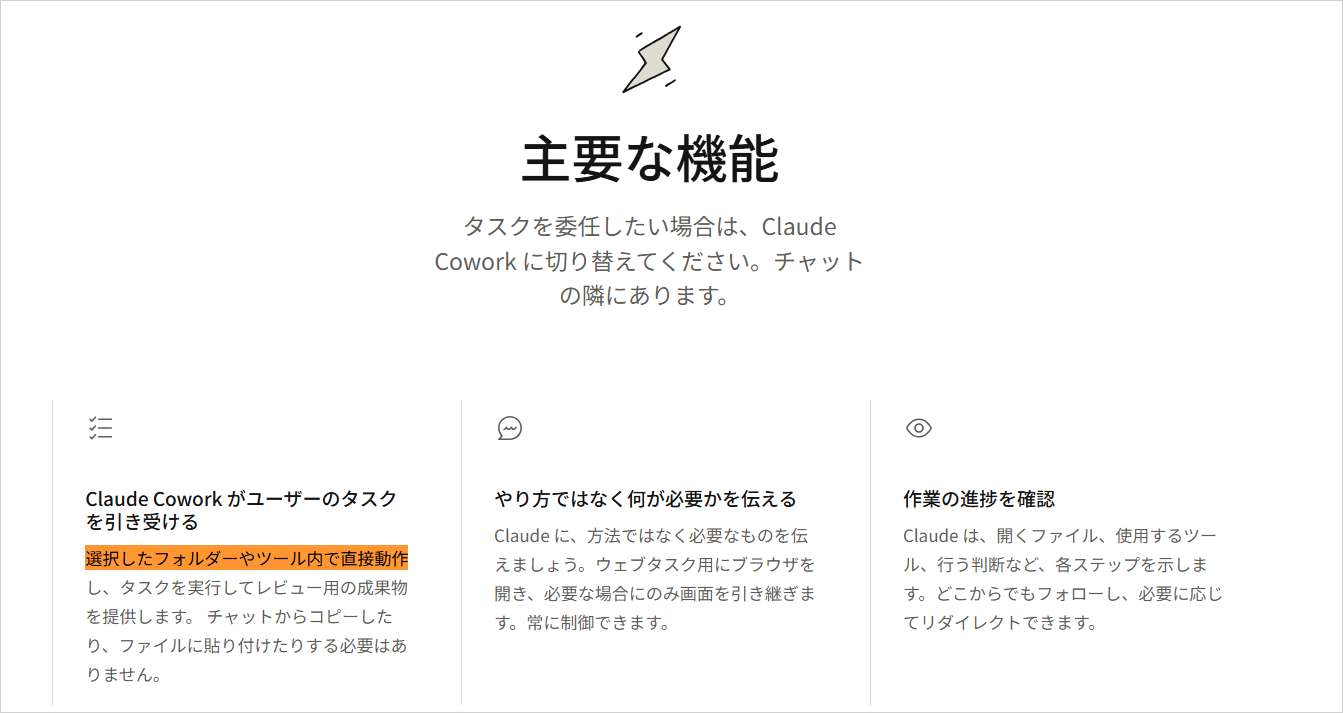 Claude公式サイトの「主要な機能」。Claude Coworkが選択したフォルダーやツール内で直接動作するという説明
