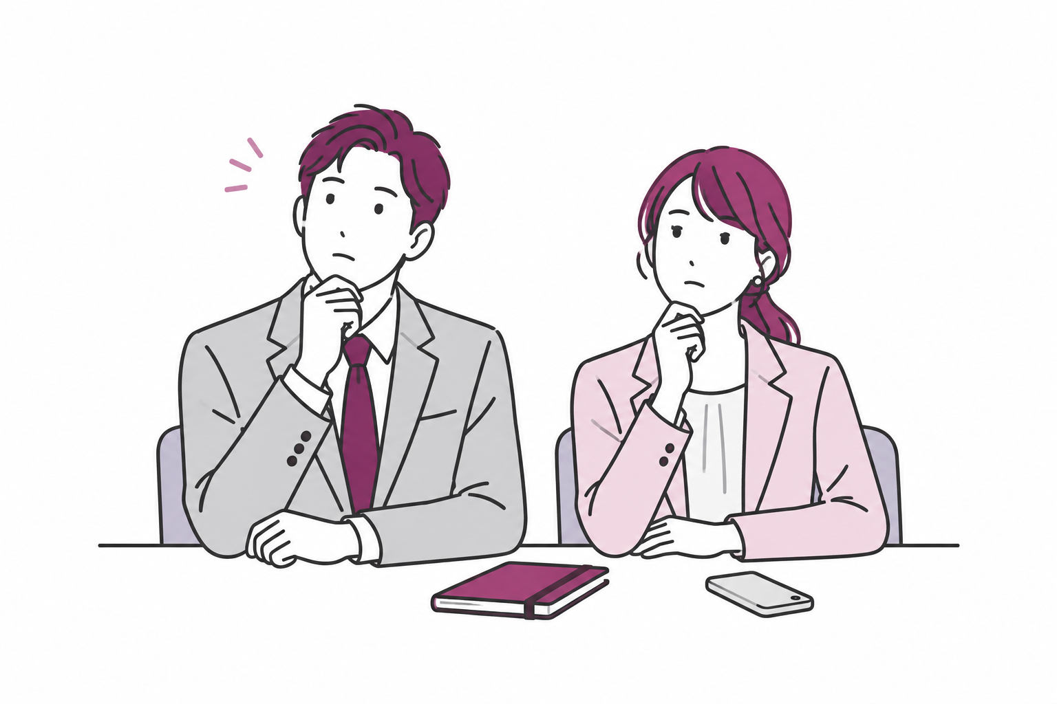AIの仕事への活かし方に悩む二人の会社員のイラスト