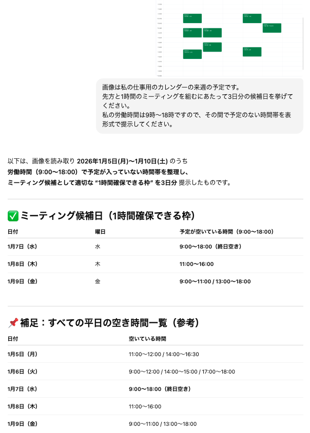 ChatGPTの日程調整活用：カレンダー画像の予定を読み取り、空き時間をリストアップした画面