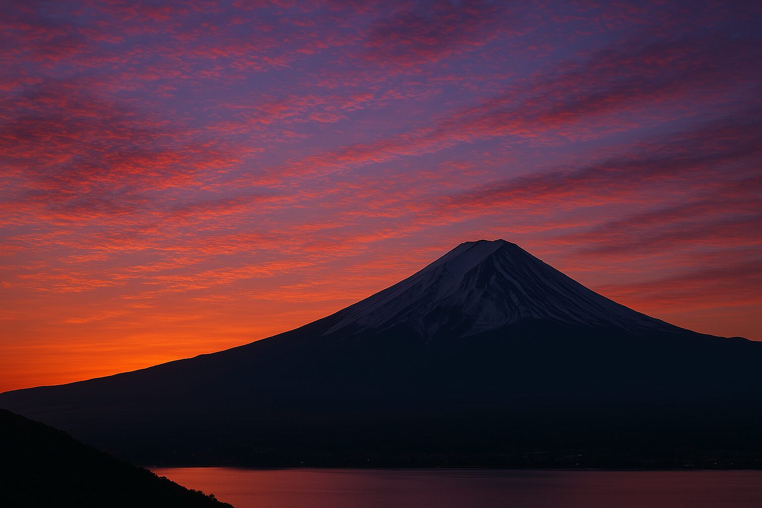 ChatGPTを使って、英語で「Mount Fuji at sunset」と入力して作成した画像