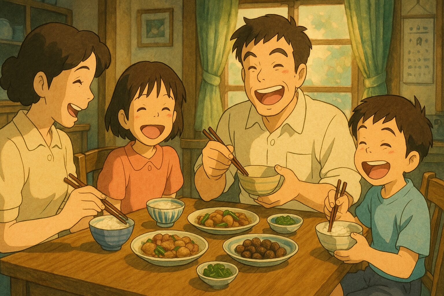 ChatGPTで生成したジブリ風の画像。家族がご飯を食べている。