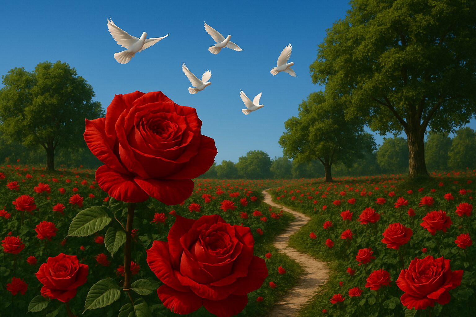 プロンプト「A garden scene with red roses in full bloom, the sky is clear blue without a single cloud,
and doves are flying, 1792*1024」で生成した画像