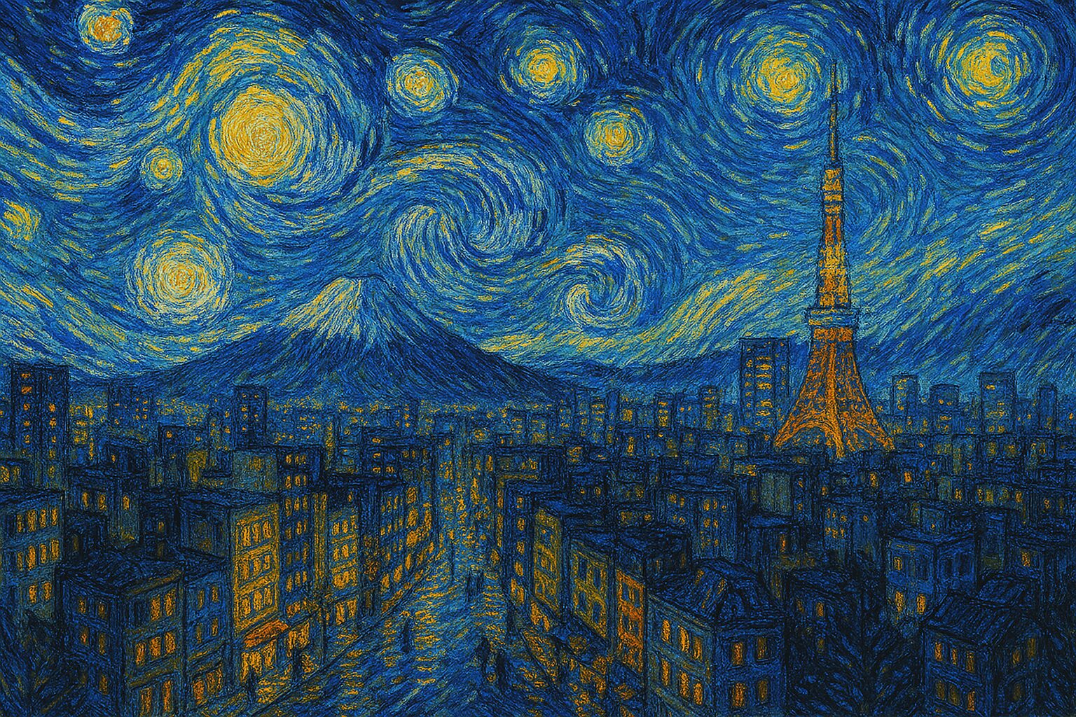 「A December scene in Tokyo depicted in the style of Van Gogh's "Starry Night"(ゴッホの『星月夜』のスタイルで描かれた東京の12月の風景)」