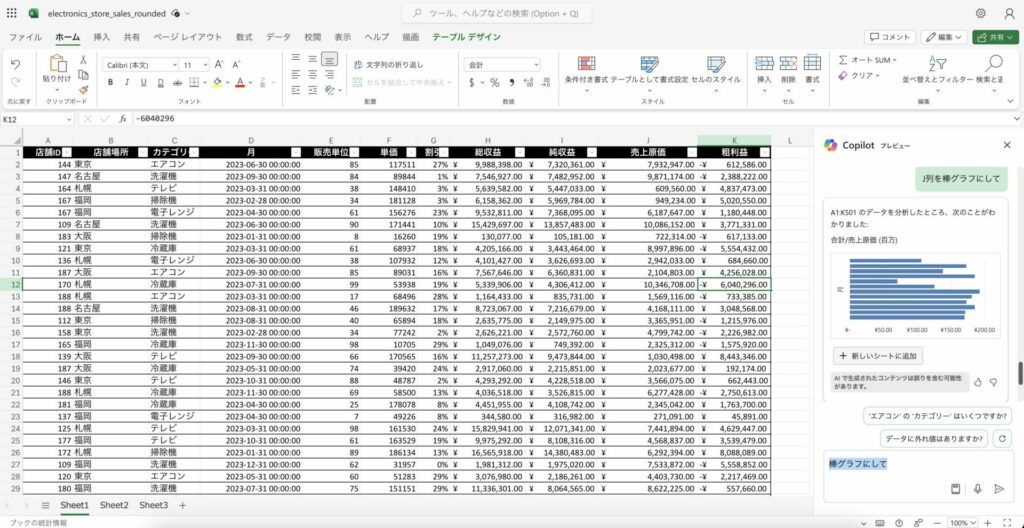 Excel上でCopilotを使用している様子