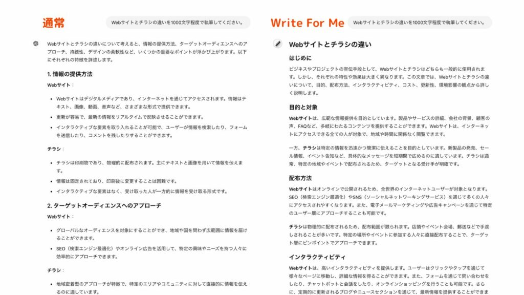 通常のChatGPT（左）と、Write For Me（右）の比較画像。