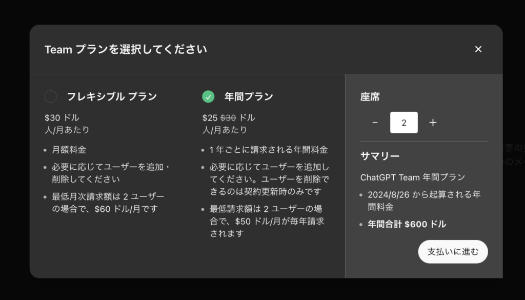 ChatGPTのTeamプランの支払いプランや人数を入力する画面