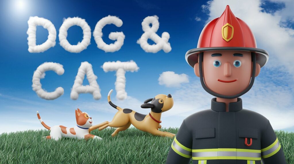 プロンプト「A 3D render of a portrait of a fireman with a red helmet. He is standing against a background of a field of grass. A cat and a dog are playing in the field. The sky has clouds that spell out 'Dog & Cat'. The sun is shining brightly in the top left corner of the image.」で生成した画像