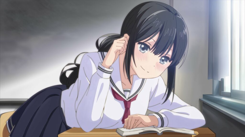 プロンプト「from a slightly low angle, looking up at a Japanese high school girl with silky black hair tied neatly, a gentle and thoughtful expression,
BREAK, crisp white blouse with a navy skirt, her hand resting gently on a book as she leans forward slightly, her other hand delicately tucking a strand of hair behind her ear, soft natural lighting coming from the window beside her, a serene smile as she gazes calmly ahead, the peaceful atmosphere of a quiet classroom」で生成した画像