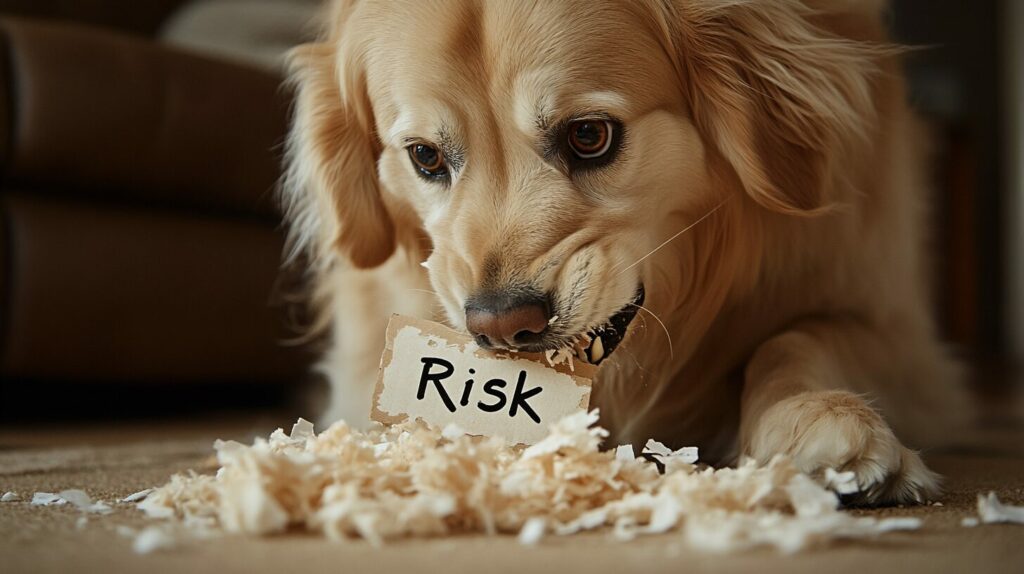 犬が「Risk」と書かれた紙をビリビリにしている様子