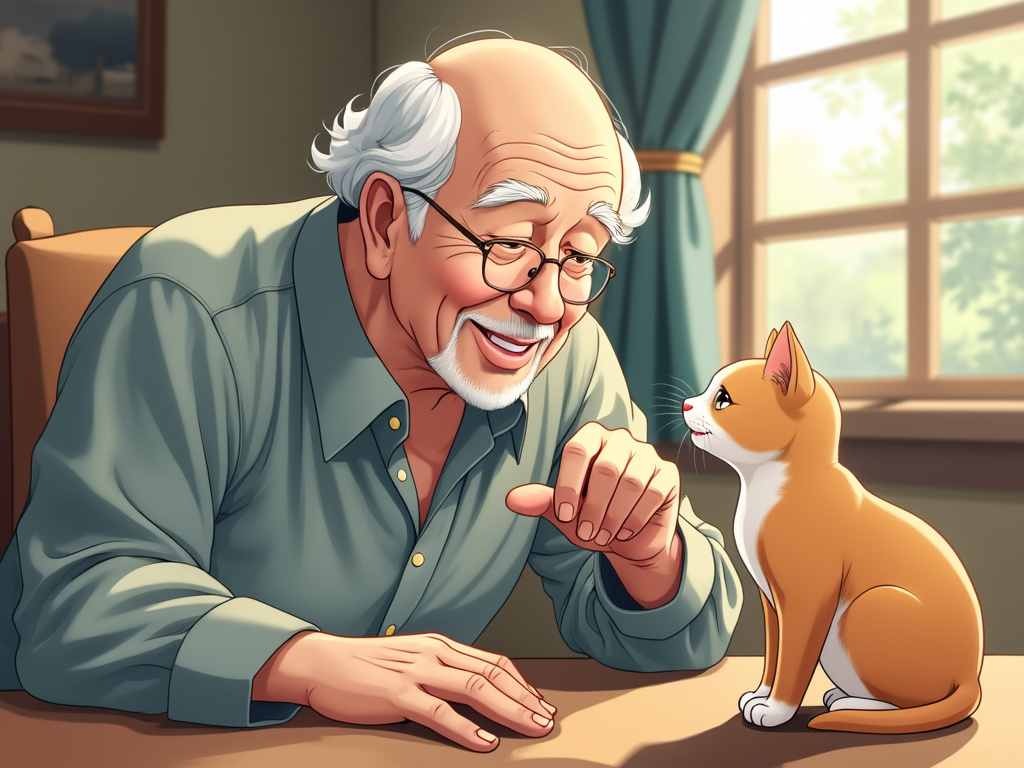 An elderly man with a gentle expression, playing with a cat. The scene is in an anime style, with soft colors and simple backgrounds. The man is smiling as the cat playfully interacts with him.