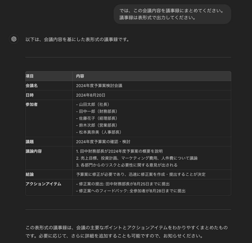 ChatGPTでテキストとして出力した会議中の会話から作成した表形式の議事録