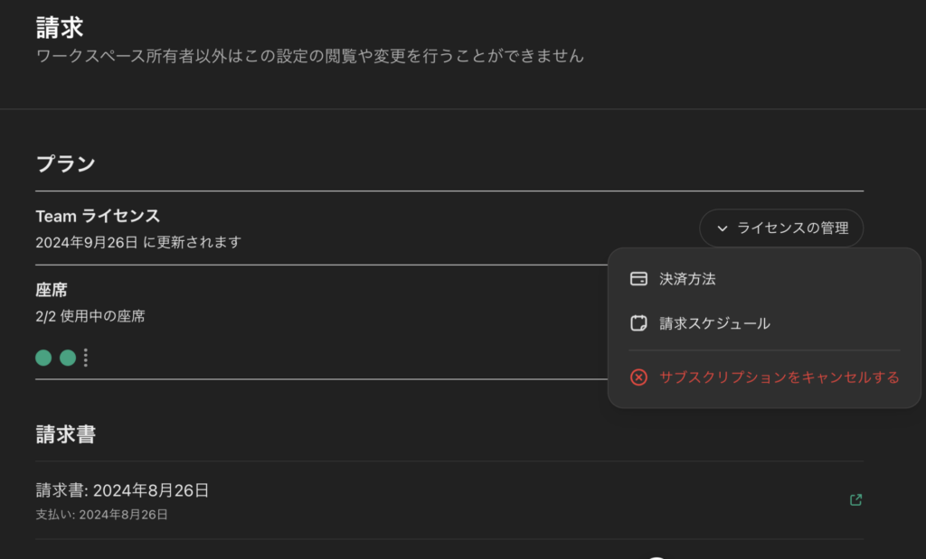 ChatGPTのチームプランを解約する画面