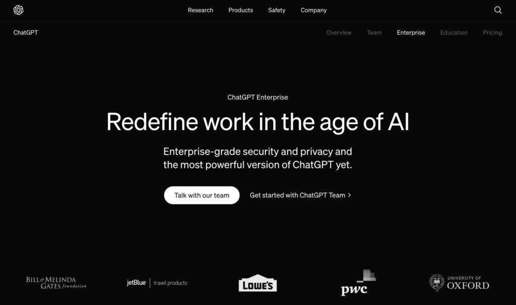 OpenAIのChatGPT For Enterpriseのページ