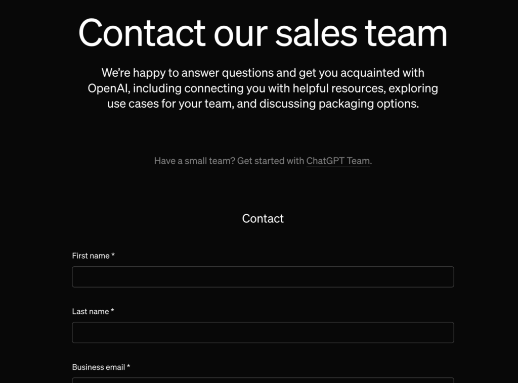 OpenAIのChatGPT For Enterpriseページの問い合わせフォーム