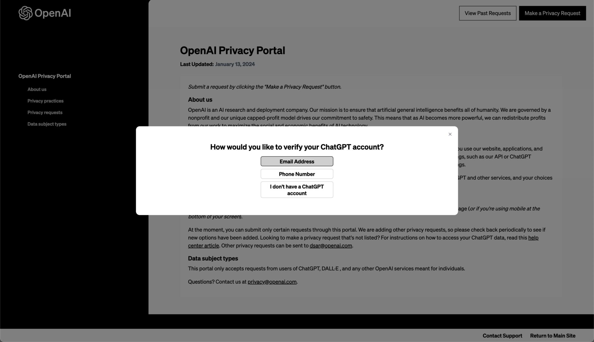 OpenAI公式のOpenAI Privacy Request Portalでアカウント状況を選択する画面
