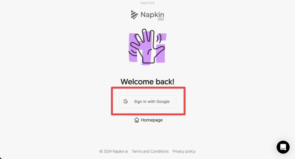 Napkin AIにサインインする際の画面