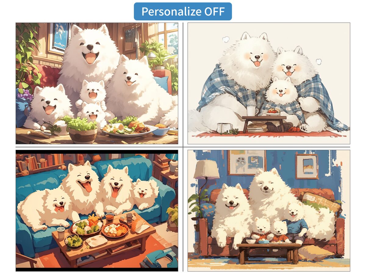 「Personalize OFF」で生成したサモエドの画像