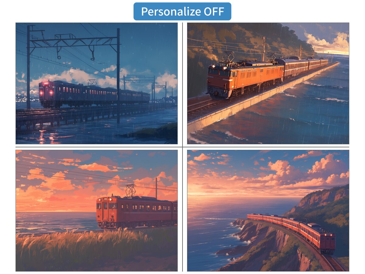 「Personalize OFF」で生成した日本の電車の画像