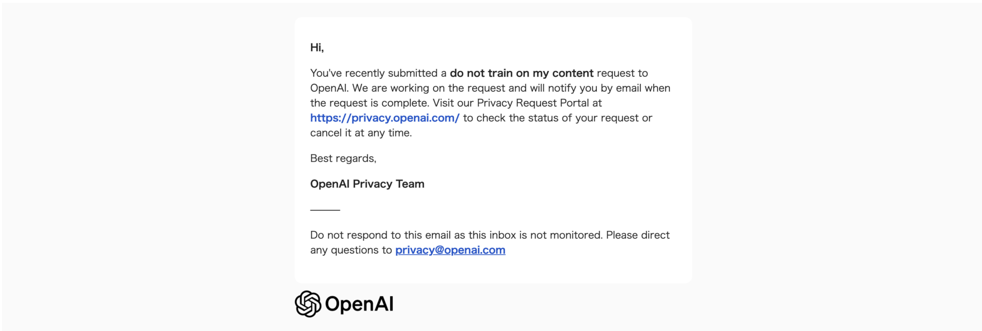 OpenAIから届いたオプトアウト申請を受け付けた旨のメール画面