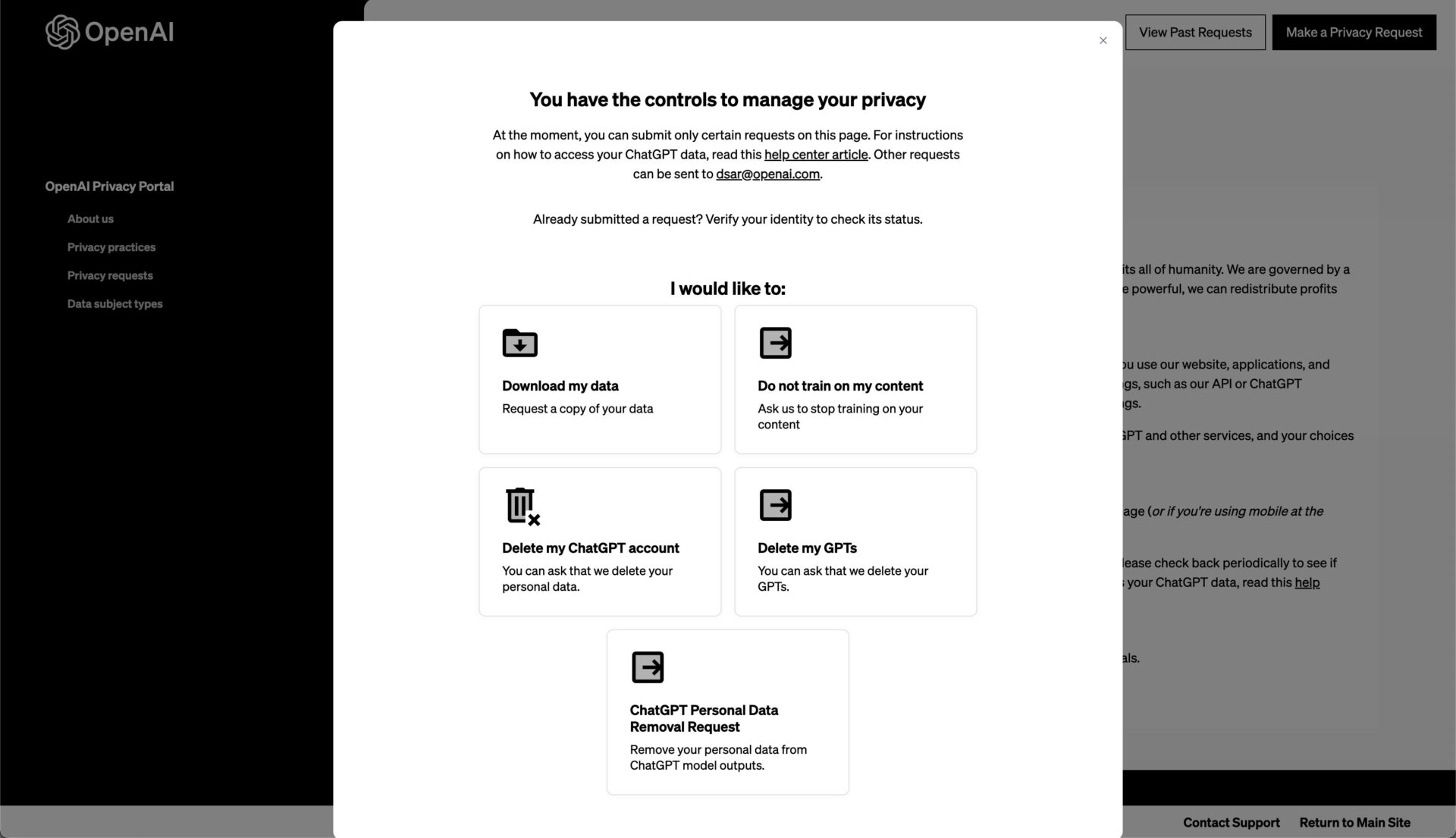 OpenAI公式のOpenAI Privacy Request Portalで行いたい操作を選択する画面