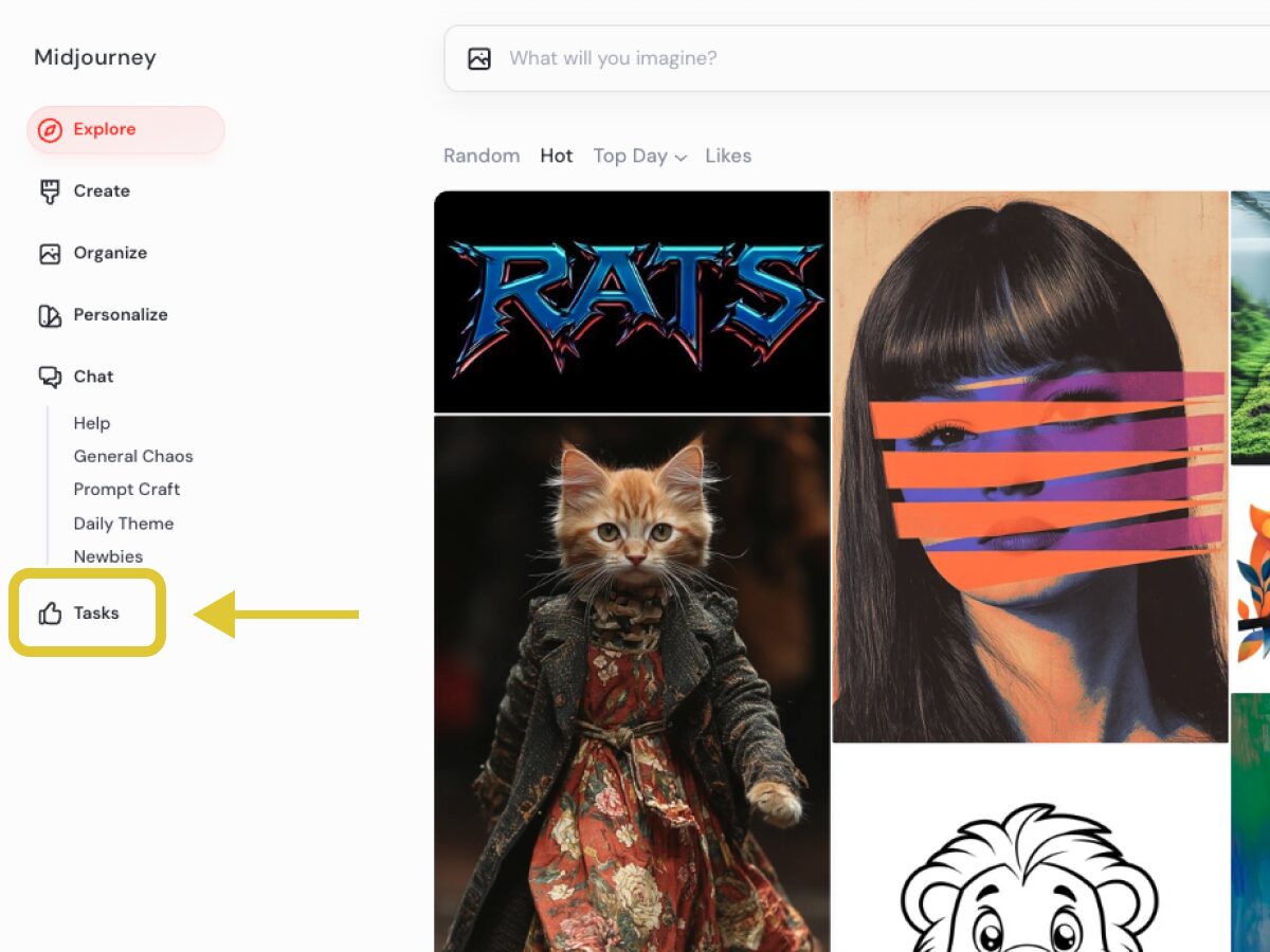 Web版Midjourneyの画面左側にある「Tasks」